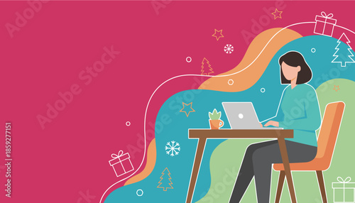 Woman working on a laptop amidst Christmas decor Seasonal remote work holiday tasks and festive business concept