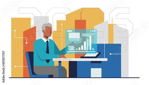 Senior businessman analyzing financial data on a futuristic holographic screen Digital analytics concept