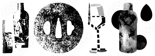 alcohol bottles and glass in black and white halftone style