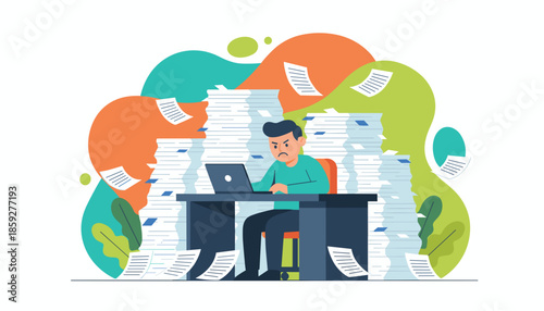 Frustrated man overwhelmed by huge piles of paperwork and deadlines illustrating burnout and office stress