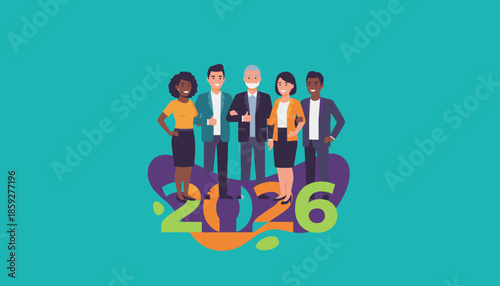 Diverse business team planning for 2026 Corporate strategy goals and success concept illustration