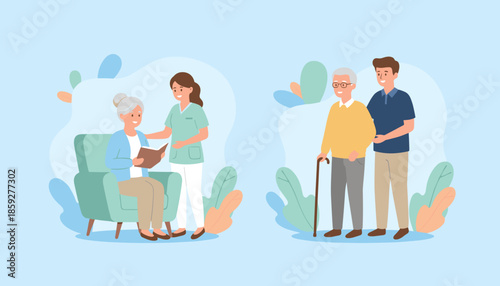 Professional caregivers and family assisting seniors illustrating elder care healthcare and retirement support services