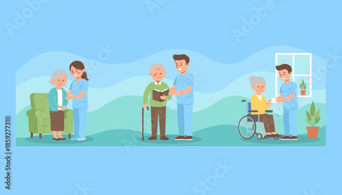 Caregivers assisting senior patients with reading mobility and service Elderly healthcare concept