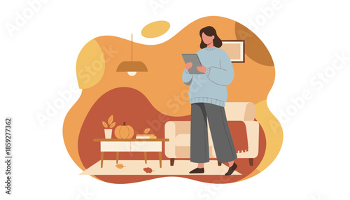 Woman uses a tablet in a cozy autumn living room enjoying leisure time and home comfort with technology