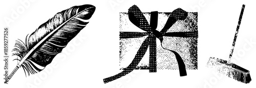feather quill gift bow broom vector set