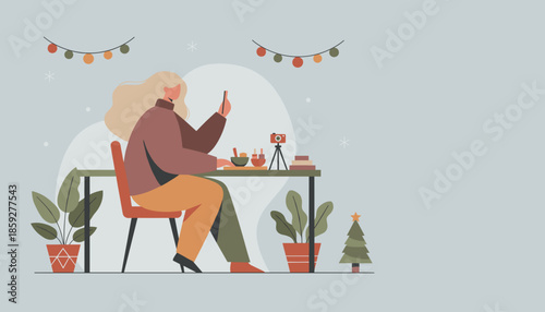 Lifestyle vlogger filming food content with a camera and phone in a cozy decorated winter setting