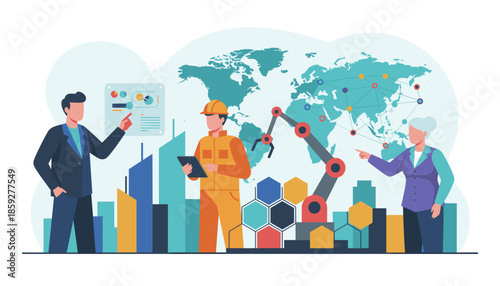 Global team manages industry automation supply chain and data logistics networking worldwide illustrated by a map