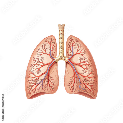 Detailed vector illustration of human body part, organ lungs with circulatory system and isolated on white background