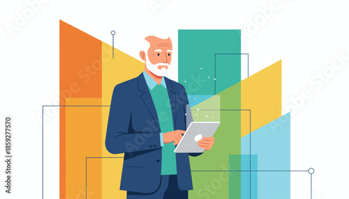 Senior executive using digital tablet for modern business strategy data analysis and technology integration