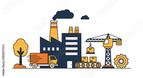 Industry and logistics concept illustration with factory moving truck crane and conveyor belt