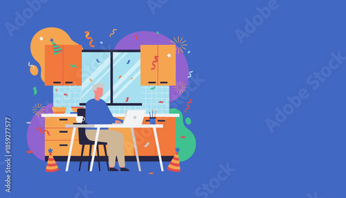 Remote work celebration Mature man uses laptop in a kitchen setting with party confetti and copy space