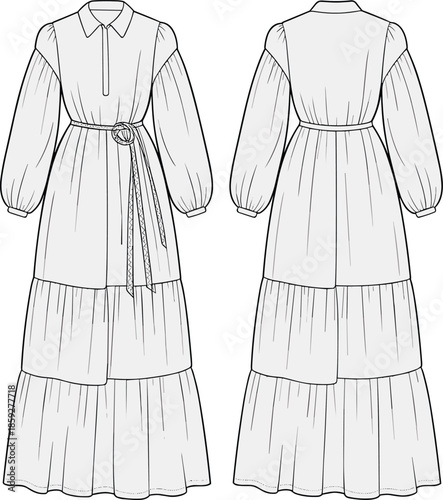 cad drawing flat vector illustration, long tiered dress with puff sleeve, shirt collar, front button, waist belt, layered fashion sketch design