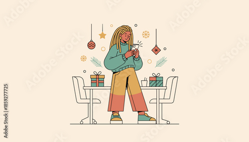 Young woman texting amidst festive holiday decorations and gifts Shopping connecting or planning