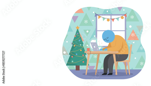 Holiday burnout Sad character working overtime on laptop next to a festive Christmas tree