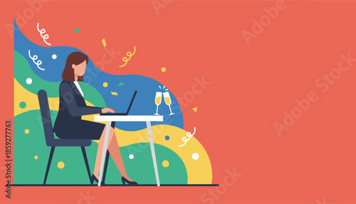 Remote business celebration woman working on laptop surrounded by colorful abstract party graphics