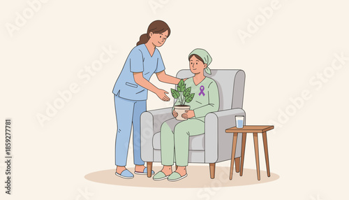 Caregiver helps a cancer patient holding a plant Support hope and recovery illustration