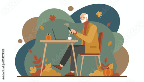 Elderly man working remotely on a laptop and phone outdoors during the fall season