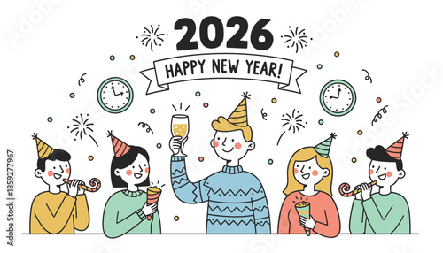 Happy New Year 2026 celebration illustration Friends with hats champagne and fireworks at midnight