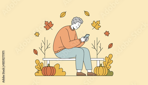 Senior man using smartphone on park bench surrounded by fall leaves and pumpkins Autumn lifestyle