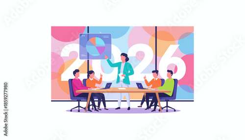 Business team analyzing 2026 strategy and goals Corporate presentation and future planning meeting