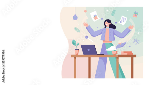 Woman successfully juggling work deadlines and holiday tasks efficiently at her laptop desk