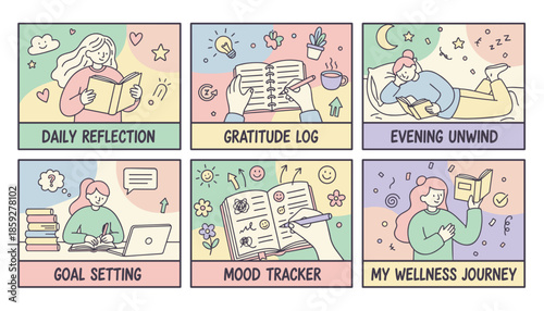 Selfcare and journaling concept art Mental wellness activities goal setting gratitude log mood tracking