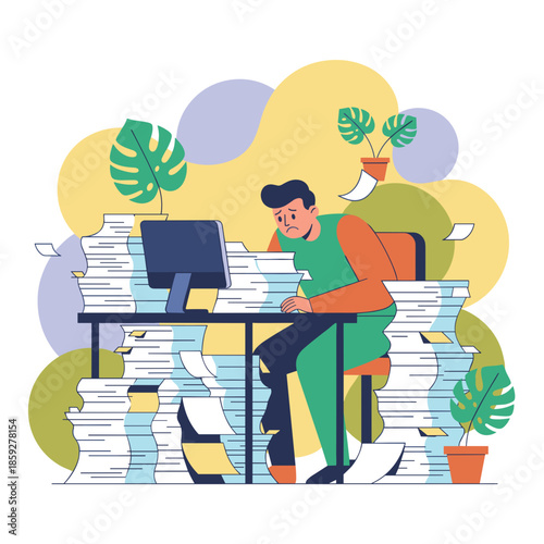 Stressed worker buried in towering stacks of paperwork desk overflowing Burnout concept