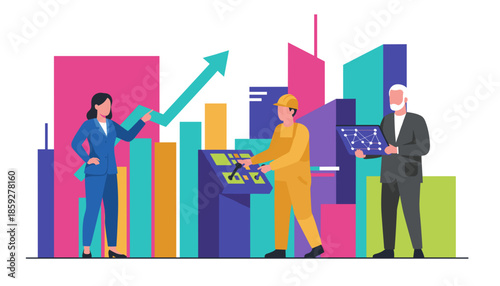 Diverse professionals collaborating on industrial management technology and corporate business growth