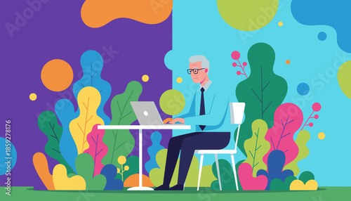 Senior man working on laptop in a vibrant colorful nature illustration symbolizing remote work