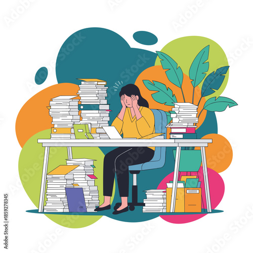 Overwhelmed woman stressed by excessive paperwork and deadlines illustrating burnout and workload pressure