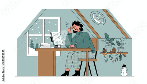 Stressed remote worker dealing with burnout and deadlines in a cozy winter attic home office