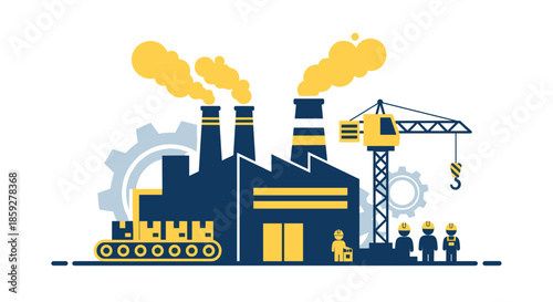 Industrial factory complex illustration with workers crane and production machinery