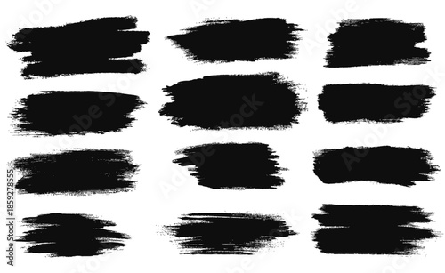 Set of twelve black brushstroke textures for graphic design