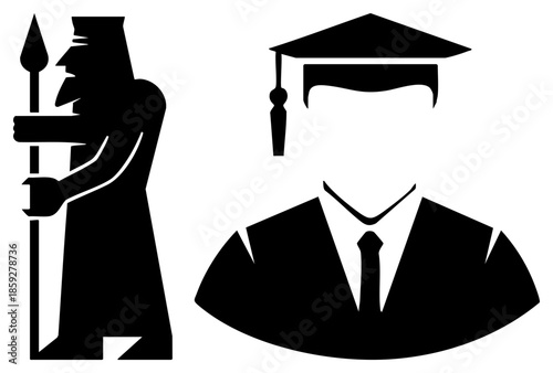 ancient warrior holding spear and modern graduate in cap and tie