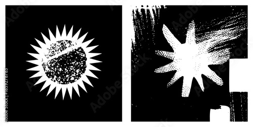 sunburst graphic with halftone texture and sharp rays