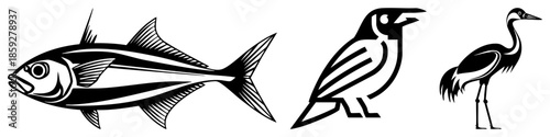 fish bird crane stylized black white vector