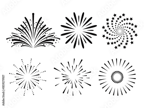 Fire work vector art illustration. A collection of golden sparkling fireworks explosions and trails isolated on a white background.