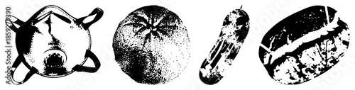 Four isolated vector respirator mask, citrus fruit, cucumber, coffee bean