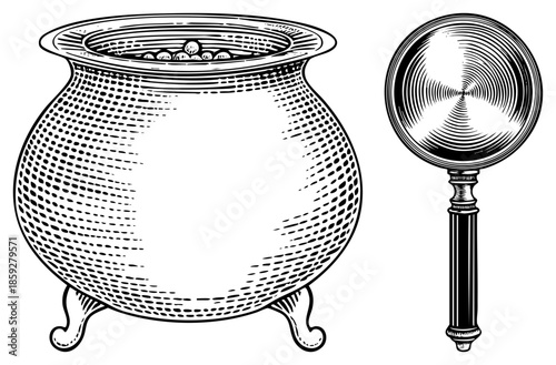 cauldron and magnifying glass vintage illustration
