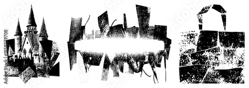 three stylized buildings in halftone dot