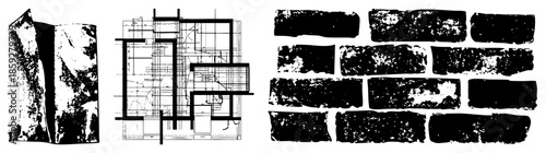 architectural blueprint and brick wall vector set