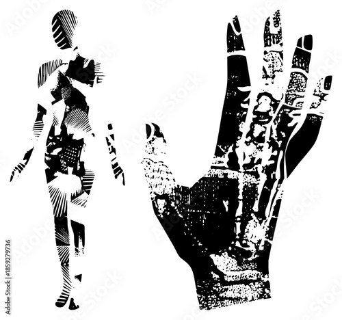 human silhouette and hand with halftone texture