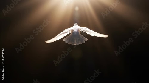 Wide cinematic shot of a solitary white dove accelerating quickly from the deep black lower frame, symbolizing emergence and soaring toward unseen light cinematic, unseen light, transition