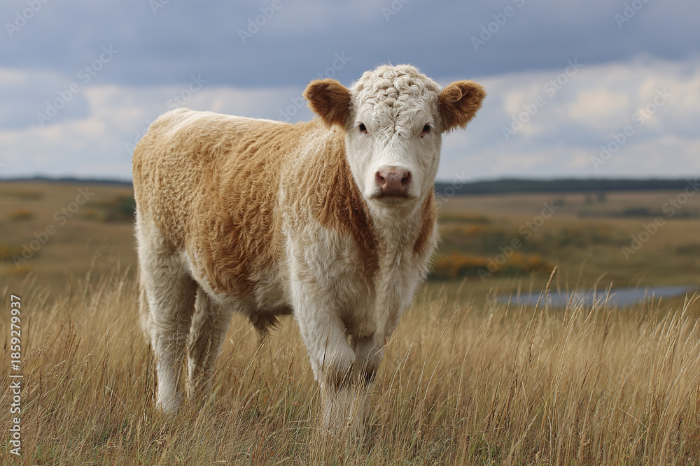 Obraz premium Young brown and white calf standing on dry grassland under cloudy sky with distant hills and water, evoking calm rural livestock scene in natural environment
