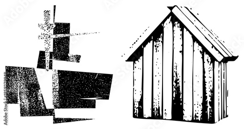 abstract geometric shapes and wooden cabin vector