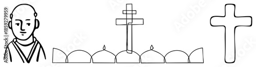 monk standing beside cemetery and tombstones