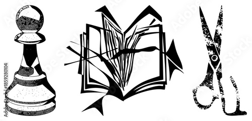 chess piece book scissors black and white vector
