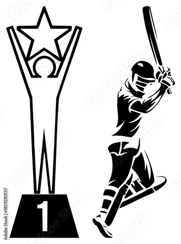 baseball player swinging bat next to first place trophy