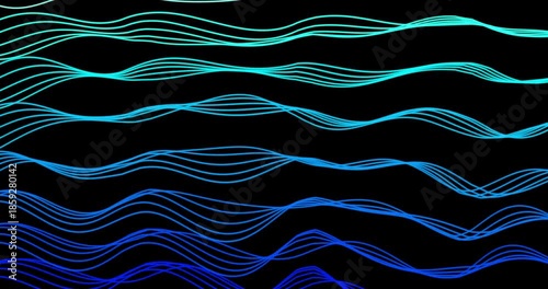 Smooth wavy lines shimmer with shades of blue on a black background, creating a dynamic abstract pattern. The rhythmic movement of the lines fills the space with a sense of energy and fluidity.