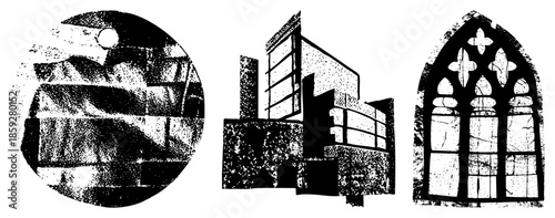 architectural elements abstracted in black and white vector style